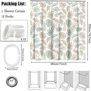 Штора для душу 180x200 см, текстильна, зелена. Матеріал: поліестер, антигрибкова, водонепроникна, з обтяженим краєм, з люверсами та 12 кільцями для душу. Підходить для ванни.