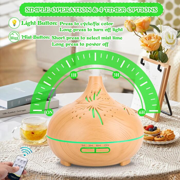 Ультразвуковий аромадифузор 550мл з дерев'яною обшивкою, керуванням від пульта, 7 LED кольорів з регулюванням яскравості, таймер 1/3/6 год, для спальні, вітальні, йоги та офісу