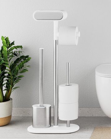QUALISH Stainless Steel Toilet Paper Holder with Brush - Standing Toilet Paper Roll Holder & WC Kit - White