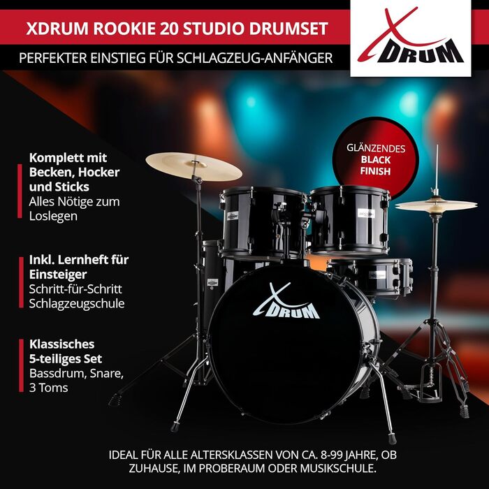 XDrum Rookie 20' Комплект барабанів для студії Black - Ідеальний для початківців - Стильне чорне обладнання - З паличками, інструкцією та школою барабанщиків