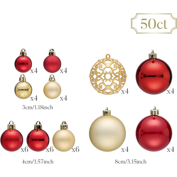 Набір ялинкових прикрас Valery Madelyn (50 шт.) - ялинкові кулі, червоно-золотий декор з підвісками