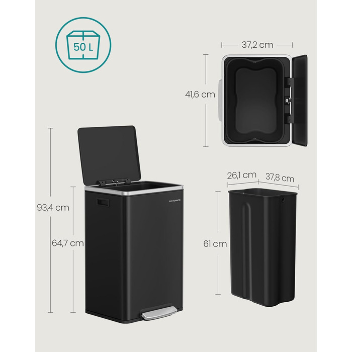 Відро для сміття SONGMICS 50 л, нержавіюча сталь, знімний внутрішній відро, Softclose, LTB595E01 (чорний)