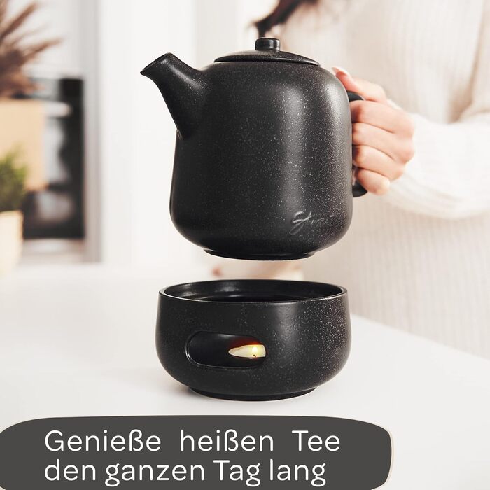 STEINZEIT Design Teapot with infuser made of rust-resistant 304 stainless steel - Teapot ceramic with unique glaze with removable strainer - black (1.3L with trivet)