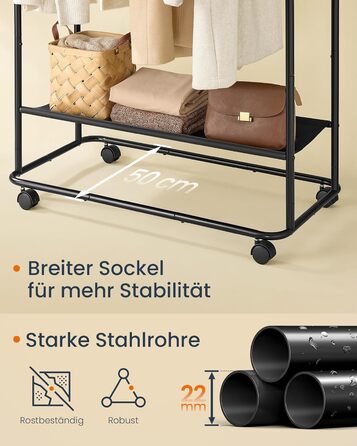 SONGMICS HOME Rolling Garment Rack, Coat Rack, 2 Clothes Rods, Shelf, Side Organizer, Match-Shaped Hooks, Stable, Bedroom, Hallway, Ink Black HSR171B01