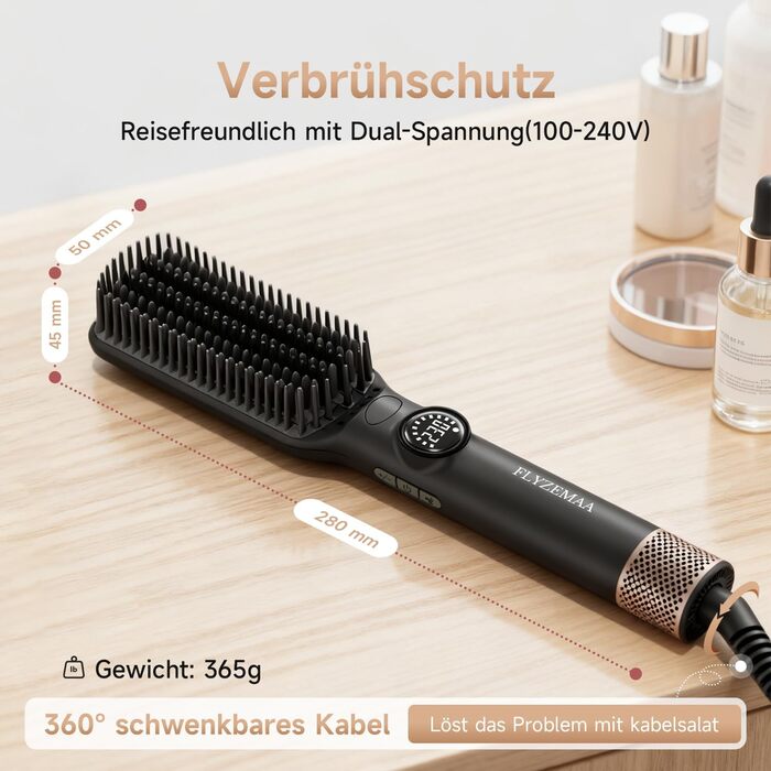 Гладка щітка 2-в-1 з алюмінієвими зубцями та захистом від опіків - для красивого волосся, підходить для всіх типів, 7 температур, LCD-дисплей, чорний