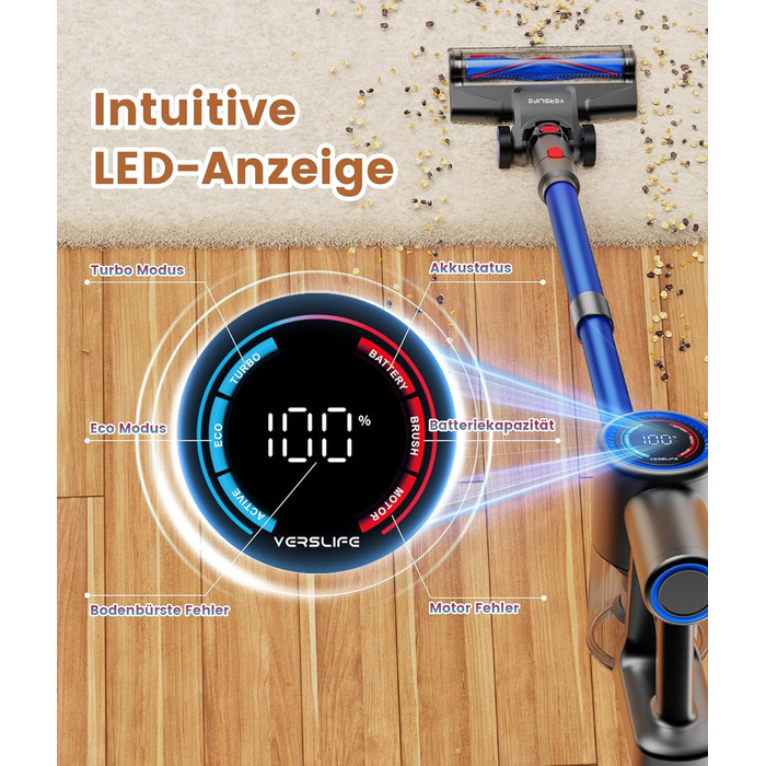 Версліф: Бездротовий акумуляторний пилосос 500W, 45 хв роботи, 40kPa, з LED-дисплеєм, для дому, авто, прибирання шерсті тварин, синій
