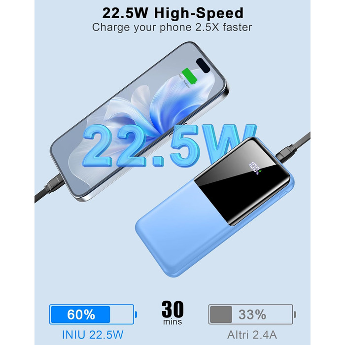 Power Bank 10000mAh, 22.5W, PD USB-C, для iPhone, Samsung та інших, чорний/синьо-чорний