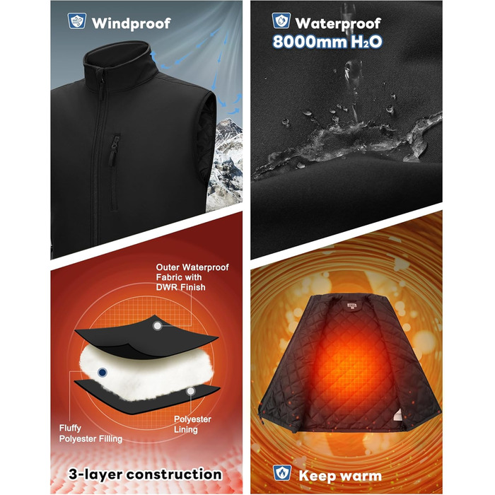 Чоловічий жилет Outdoor Venture з підкладкою, водовідштовхуючий, вітрозахисний, дихаючий. Ідеально для велоспорту, бігу та піших прогулянок (Чорний, M)