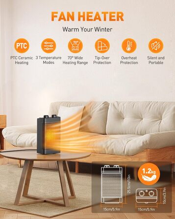 Електричний обігрівач з економним споживанням енергії, 1500W, 3 режими, керамічний, з захистом від перекидання, тихий, для офісу, вітальні, спальні
