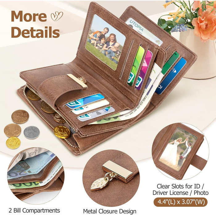 WACCET Wallet for Women Small, Ladies Purse RFID Blocking PU Leather Large Capacity Wallet with 14 Card Slots and Zipper Coin Pocket Small Wallet for Women