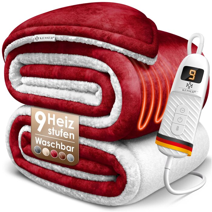 Електрична ковдра KESSER® з автовимкненням 200x180 см двостороння | Ковдра для ліжка, дивана | 9 температурних режимів | Пральна до 40°C | з таймером, цифровим дисплеєм, Бордовий колір