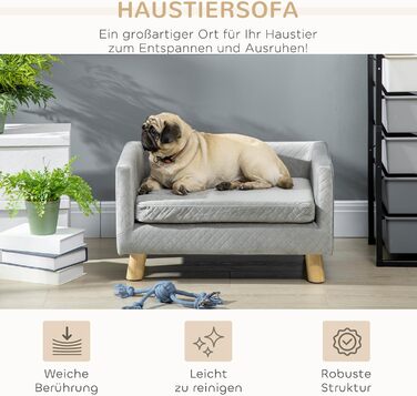 Диван для собак PawHut з дерев'яними ніжками, лежанка для домашніх тварин, м'яка подушка для собак, підходить для маленьких собак до 8 кг, сірий, 64 x 45 x 36 см