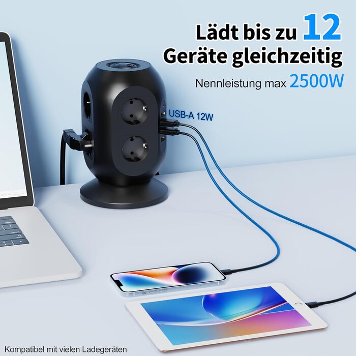 Багатофункціональна мережа живлення Colstar з 4 USB, 8 розеток, захистом від перенапруги, 2м кабелем, для дому та офісу, чорна