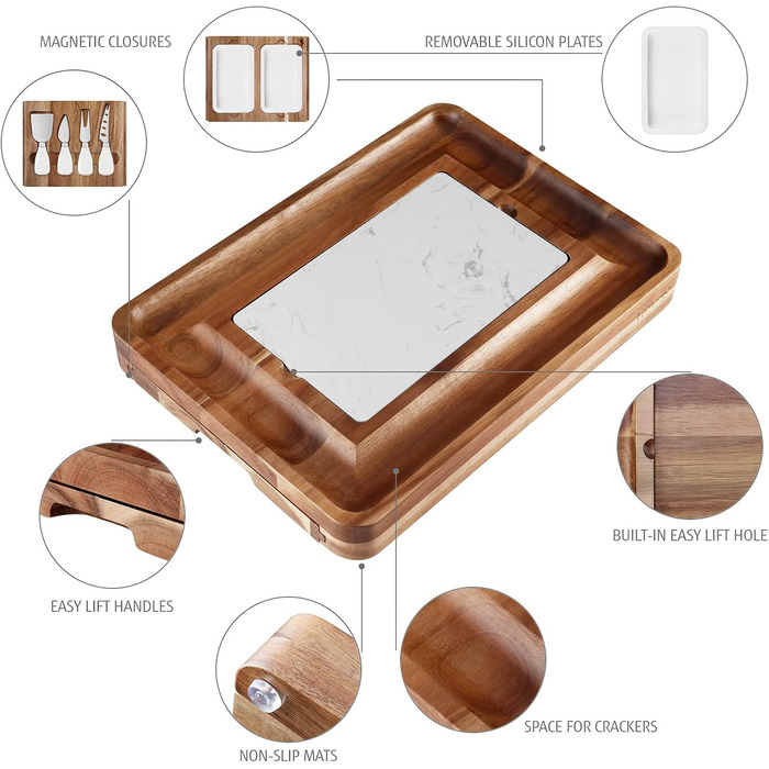 hecef Cheese Board Set, Acacia Wood, Square Cheese Board with 2 Pull-Out Drawers & Cutlery Set & Snack Plates & Marble Cheese Slate