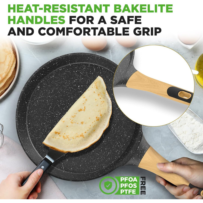 Nutrichef Сковорода для млинців індукційна антипригарна, 2 шт. 28 см, алюміній з мармуровим покриттям, з дерев'яною лопаткою