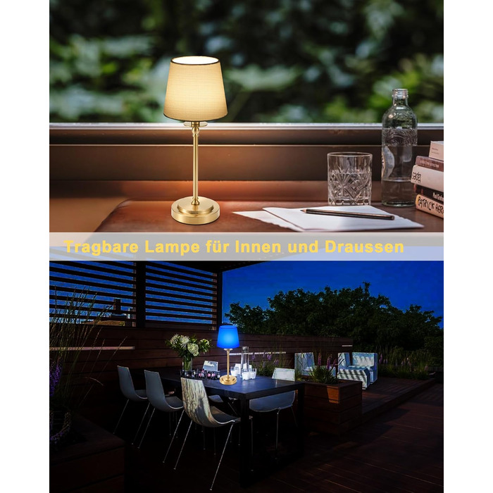 Акумуляторна настільна лампа: портативна, бездротова з регулюванням яскравості, для дому та саду, абажур з льону, античне біле металу, RGB синій абажур