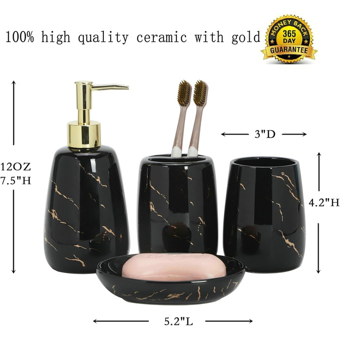 Bathroom Accessory Set, 4-Piece, Black Bathroom Accessory Set, complete with toothbrush holder, toothbrush cup, soap dispenser, soap dish, classic black with gold marble design