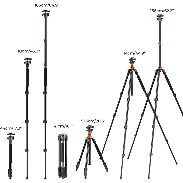 Штатив K&F Concept 200CM (78 дюймів) для камери: міцний трипод з кульковою головкою 360°, функцією однонога та 1/4'' гвинтовим з'єднанням. Підходить для DSLR-камер (до 158 см, 10 кг, алюміній, з двосторонньою пластиною).