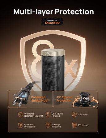 Dreo Heater - Energy-Saving, Quiet, 2000W Ceramic Heater with Thermostat, 12-Hour Timer, 3 Modes, 70° Oscillation, 16 Inch Electric Heater for Rooms, Overheat and Tip-Over Protection, Solaris Slim H2, Gold