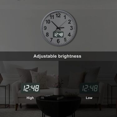 KWANWA Modern Wall Clock with No Ticking Sound • Digital LCD/LED Display • Calendar & Temperature • Battery Powered • 30.5cm • 12h Format, Perfect for Kitchen, Bedroom & Office (Silver-White LED)