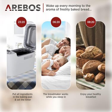 Хлібопечка Arebos 1500г з 15 програмами, таймером та LCD дисплеєм | Хлібопекарня з 3 рівнями підсмажування та 2 гачками для тіста