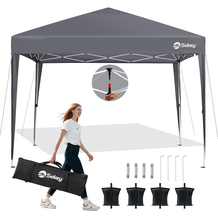 Sekey One-Touch Pop-Up Pavilion 3x3 Waterproof Stable Winter-Proof, Folding Pavilion 3x3m with Thickened Tubes, Party Tent Pavilion Foldable for Camping Festival Party, Grey