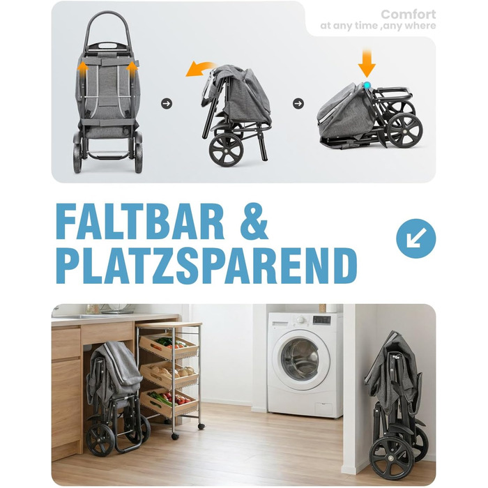 Складаний візок для покупок Homecall 50L з охолодженням, 3-в-1: візок, сумка-тележка, рюкзак (темно-сірий)