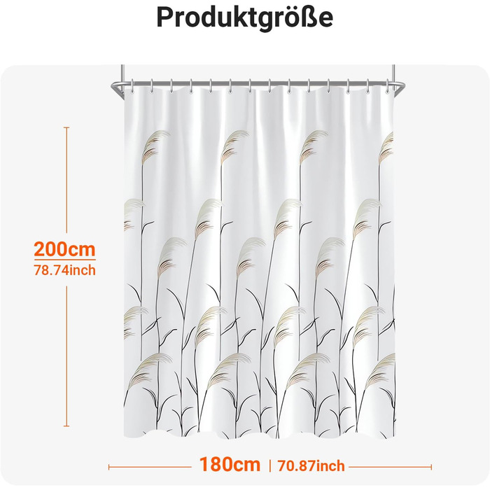 Штора для душу Weizenohr 180x200 см, з утяжеленим краєм, антигрибкова, водовідштовхувальна, поліестер, з кільцями (1 шт)