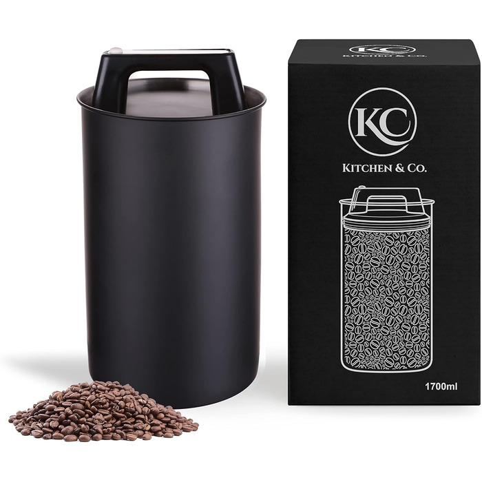 Контейнер для кави KC Kitchen & Co. – герметичний, 1700 мл, нержавіюча сталь, вакуумний клапан, для кави, чаю, цукру, мюслі, матовий чорний