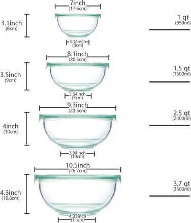 Set of 4 Glass Bowls with Lids (0.95L, 1.5L, 2.4L, 3.5L), Large Round Salad Bowls, Baking Bowls, Microwave and Dishwasher Safe for Mixing, Storing, and Serving