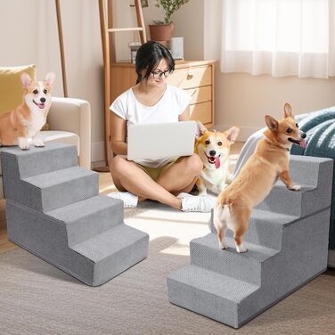Dog stairs for small dogs, dog stairs, non-slip dog stairs with 5 steps, dog ramp bed washable, pet stairs made of high-density sponge, for injured & older dogs, cats