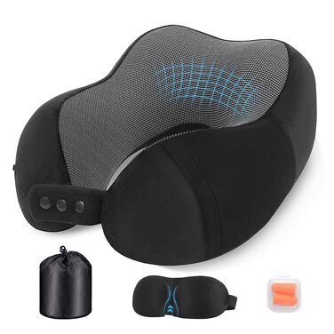 Подушка для шиї в літак та авто з ефектом пам'яті (Memory Foam), набір для подорожей зі маскою для сну, берушами та сумкою, чорна