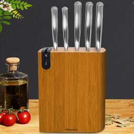 Fimaten 6-Piece Wooden Knife Block Set - Kitchen Knife Set with Chef's Knife, Santoku Knife, Bread Knife, Fruit Knife, Utility Knife & Sharpener