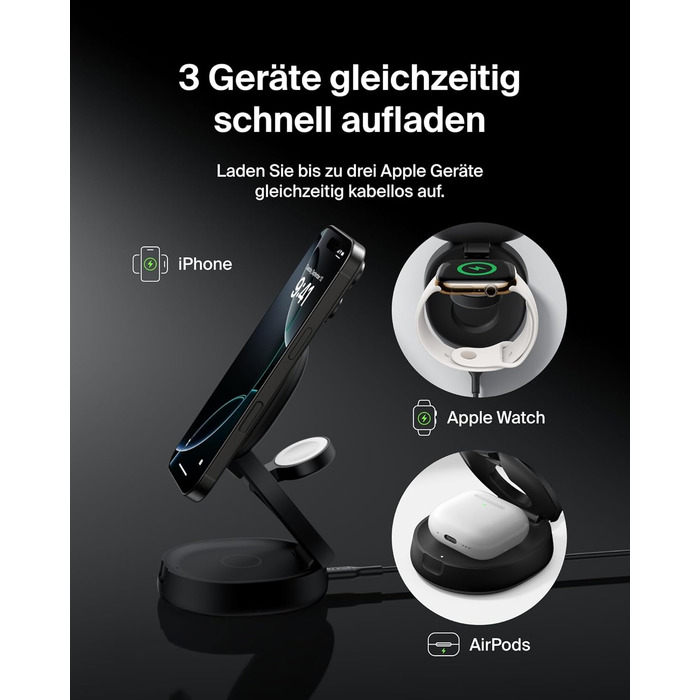 Белкін BoostCharge 3-в-1: Індукційна зарядна станція з Qi2, 15W, MagSafe, для iPhone, Apple Watch, AirPods, з блоком живлення 30W – Чорний