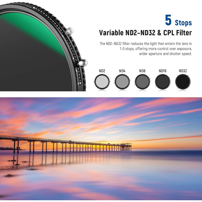 ND-фільтр Neewer 82mm 2-в-1 (ND2-ND32) + CPL (поляризаційний) - HD скло, нанопокриття, водонепроникний, стійкий до подряпин