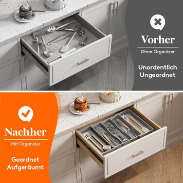 Органайзер для столових приборів Lifewit в шухляду, розширюваний 33-57 см, сірий - пластиковий тримач для ножів, виделок, кухонний органайзер 38 см