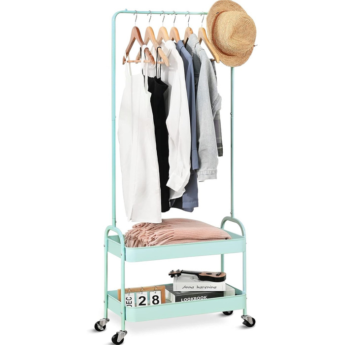 Clothes Rack Coat Stand, Clothes Rail Wheels, Bedroom Clothes Rack, Freestanding Shelf Cart 2 Tier Storage Shelf, Heavy-Duty Rolling Cart Utility Cart Green, WK830503-GN