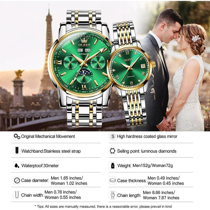 Набір автоматичних механічних годинників для пари OLEVS: чоловічий та жіночий з календарем, фазою місяця та турбійоном, двоколірні (Зелені)