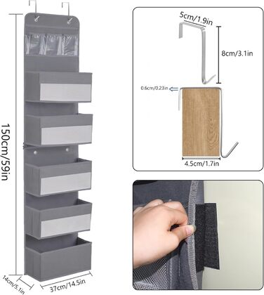 Органайзер для дверей, 5 кишень, з гачками, сірий. Організатор для ванної, шафи, кемпінгу, 150x36.5x14 см