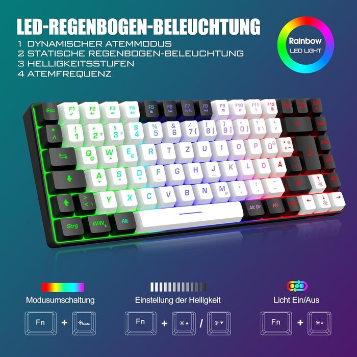 RedThunder Бездротовий ігровий комплект клавіатури та миші, DE TKL, 85 клавіш, акумулятор, компактний, 7200DPI, для PC, Mac, PS5, Xbox (біло-чорний)