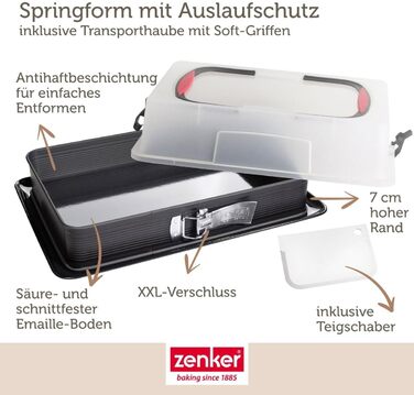 Zenker Rectangular Springform Pan with Lid DELUXE, Cake Transport Box with Enamel Base, Baking Sheet with Lid (Color: Black/Transparent/Red), Quantity: 1 Piece