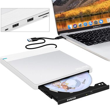 Зовнішній DVD-накопичувач для ноутбука Ultra Slim: портативний CD/DVD привід USB з картридером SD/TF для Mac, MacBook, Windows