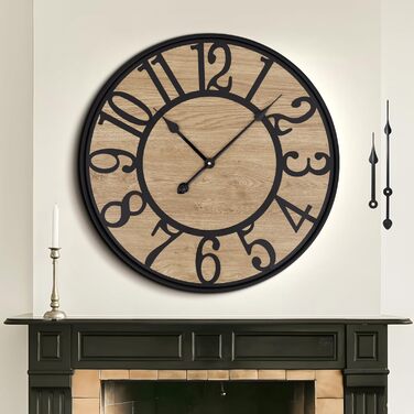 Large Wall Clock Without Ticking, 50 cm / Silent Wood Vintage Wall Clock Retro Battery Powered Modern For Living Room Bedroom, Kitchen, Farmhouse, Office Decoration (14 inch, Black Metal - Arabic Numerals)