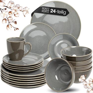 Moritz & Moritz SENSE 24-Piece Dinnerware Set - Gray Stoneware Dish Set for 6 - Scratch, Microwave & Dishwasher Safe Tableware Set
