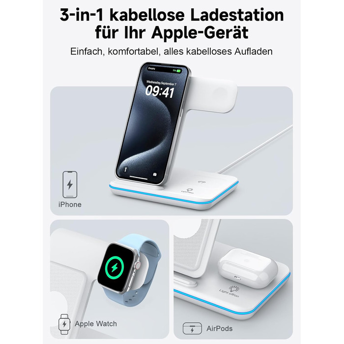 Бездротова зарядка 3-в-1 для Apple iPhone, Apple Watch та AirPods (біла)