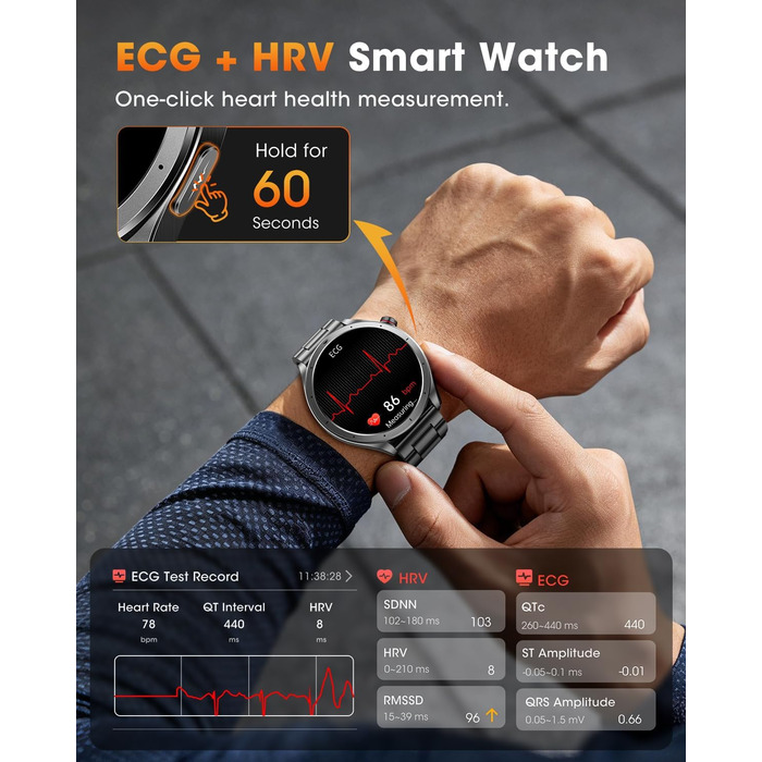 Смарт-годинник чоловічий з ЕКГ та HRV, AI-GPT фітнес-трекер: моніторинг серця, SpO2, сну, тиску, 5ATM, дзвінки, ліхтарик, 120+ режимів спорту, сумісний з iOS та Android, чорний