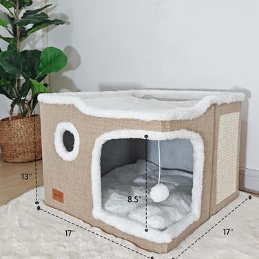 Spindro Cat Cave Cat Bed Large, Cat House Indoor Cat Sleeping Place with Removable Sherpa Cat Cushion and Hanging Toy, Cat Bed, Light Grey 42x42x33cm (2 level (42cmx42cmx33cm), Khaki)