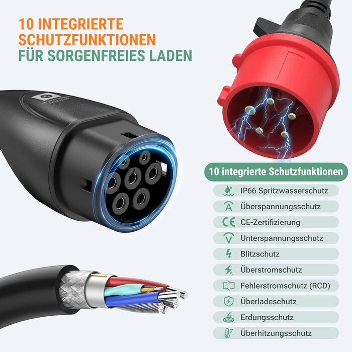 Зарядний пристрій Wallbox 11 кВт з додатком, 400V (8-16A), 3 фази, мобільна станція, кабель CEE Typ 2, IP66, OLED, для електромобілів Model Y/3, ID.3/4/5, MG4, Zoe та інших PHEV/EV, 11 кВт, 16A, CE