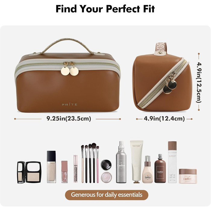 Косметичка велика містка для подорожей, водонепроникна з PU-шкіри, з прозорими роздільниками та ручкою (M, темно-коричнева)
