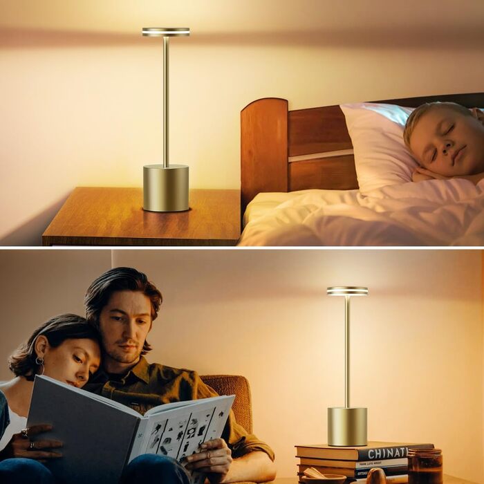 LED лампа Hapfish настільна бездротова, акумуляторна, 5000mAh, сенсорне керування, регулювання яскравості, з батареєю, алюміній, 3 колірні температури, для вулиці, нічника, столу, робочого столу – (2 шт. бронза)